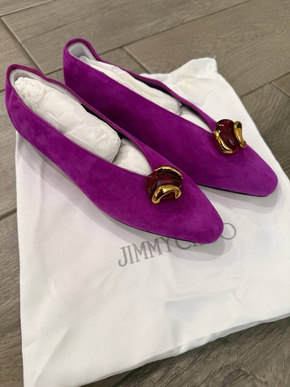 Jimmy Choo Violet Orchid Suede Margot Flats with Gold Accent